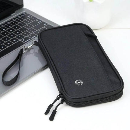 HAWEEL Clutch Bag Passport Wallet For Travel Documents And Cards - black water-resistant RFID travel organizer with metal zipper and wrist strap
