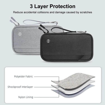 HAWEEL Clutch Bag Passport Wallet For Travel Documents And Cards shown in black and gray with 3-layer polyester, shockproof interlayer and nylon lining, zipper closure