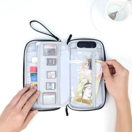 HAWEEL Clutch Bag Passport Wallet For Travel Documents And Cards open showing organized cards, passport pocket, cash pocket, mesh sleeves, RFID protection