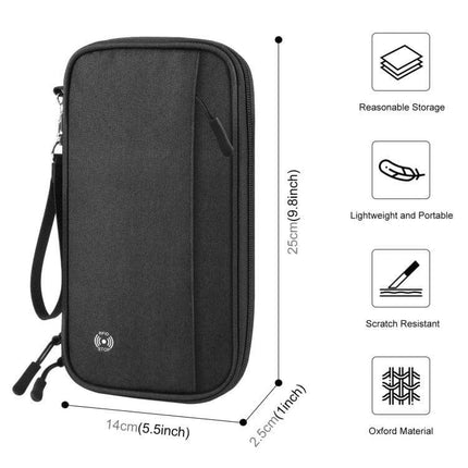 HAWEEL Clutch Bag Passport Wallet For Travel Documents And Cards black travel organizer with wrist strap, metal zipper, RFID protection, 25x14cm compact sleeve