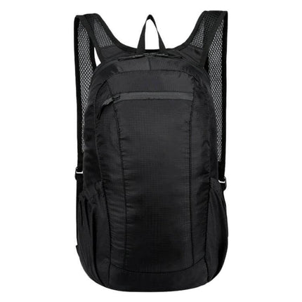 HAWEEL Foldable Backpack For Travel Day Trips And Camping compact black foldable daypack with mesh straps, front zip pocket and side pockets