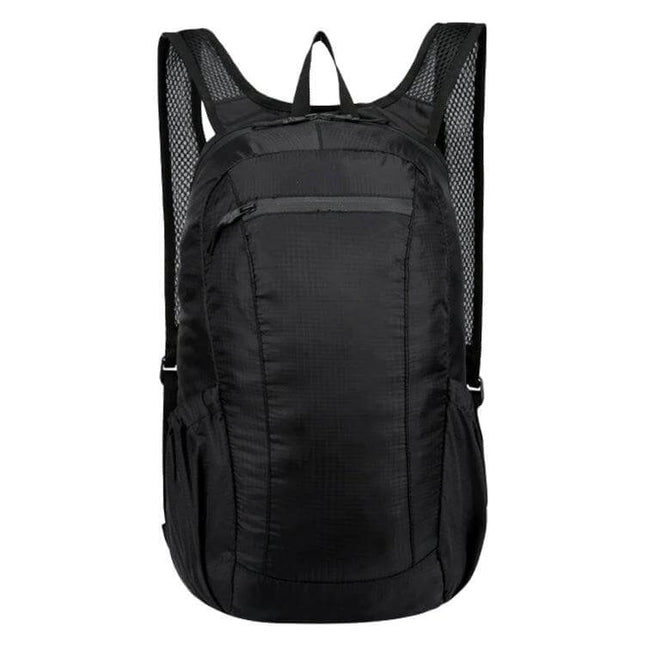HAWEEL Foldable Backpack For Travel Day Trips And Camping compact black foldable daypack with mesh straps, front zip pocket and side pockets