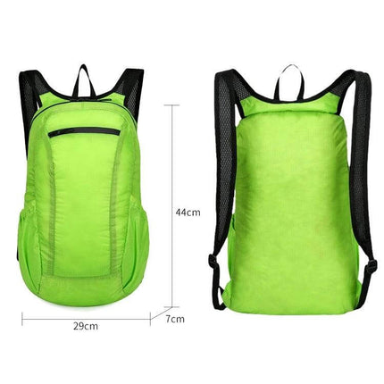 HAWEEL Foldable Backpack For Travel Day Trips And Camping lightweight green pack front and back view with dimensions