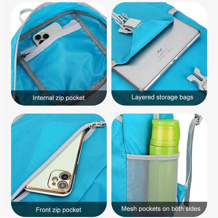 HAWEEL Hiking Backpack Large Capacity For Outdoor Use showing internal zip pocket, layered storage, front zip pocket and mesh side pockets