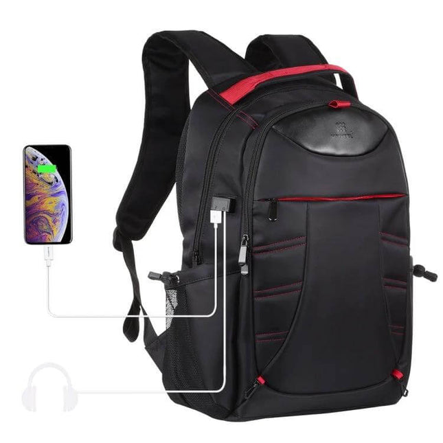 HAWEEL Laptop Backpack With Foldable Design For Daily Use black backpack with red trim, USB charging port and padded 15.6-inch laptop compartment