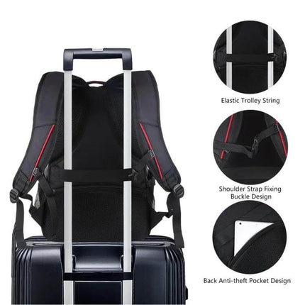 HAWEEL Laptop Backpack With Foldable Design For Daily Use shown attached to suitcase trolley with anti-theft pocket and shoulder strap buckle