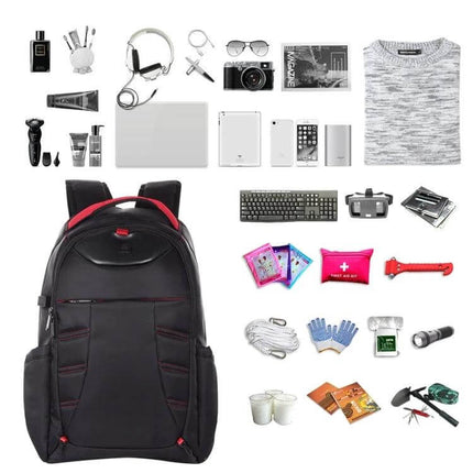 HAWEEL Laptop Backpack With Foldable Design For Daily Use shown packed with electronics, clothing and travel essentials, foldable 15.6" laptop compartment