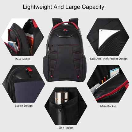 HAWEEL Laptop Backpack With Foldable Design For Daily Use showing front, anti-theft pocket, laptop compartment, tablet slot and side water bottle pocket