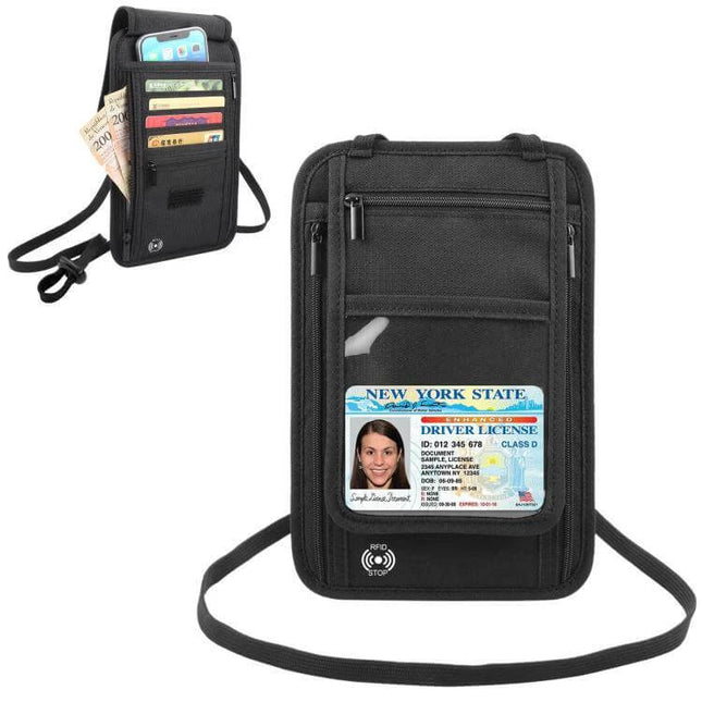 Haweel Neck Passport Wallet For Travel Documents And Cards compact RFID-blocking neck wallet with clear ID window, card slots, zip pocket, and strap