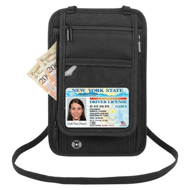 Haweel Neck Passport Wallet For Travel Documents And Cards black RFID-blocking neck pouch showing ID, cash and phone pocket, hands-free travel security