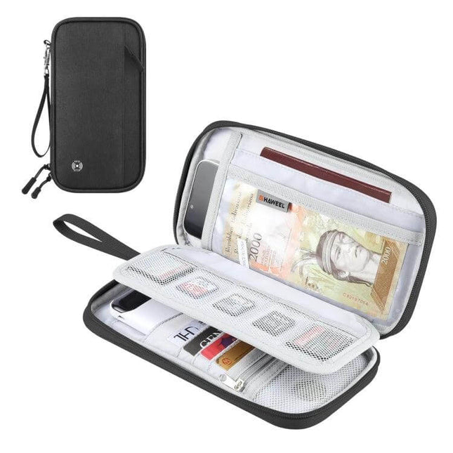 HAWEEL Clutch Bag Passport Wallet For Travel Documents And Cards - black RFID travel organizer with zipper, card slots, passport and currency pockets