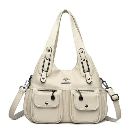 Heart Shaped PU Crossbody Handbag For Everyday Carry in beige soft PU with stitched detailing, pockets and three strap options for hands-free daily use