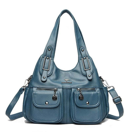 Heart Shaped PU Crossbody Handbag For Everyday Carry - blue PU heart-shaped bag with double front pockets and three strap options