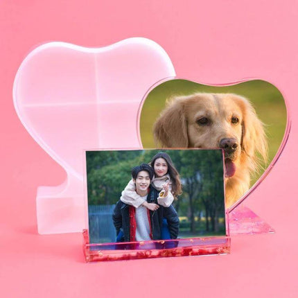 Heart Shaped Silicone Photo Frame Mould For Craft Projects shown with finished resin heart frame and mounted photo
