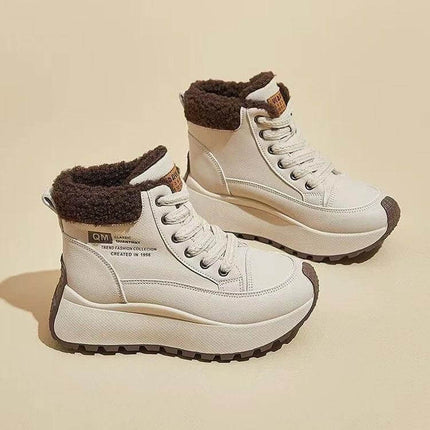High Top Fleece Lined Dad Sneakers For Winter Casual Wear beige fleece-lined high-top dad sneakers with wedge sole and laces