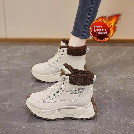 High Top Fleece Lined Dad Sneakers For Winter Casual Wear – beige fleece-lined high-top dad sneakers with wedge sole and front laces