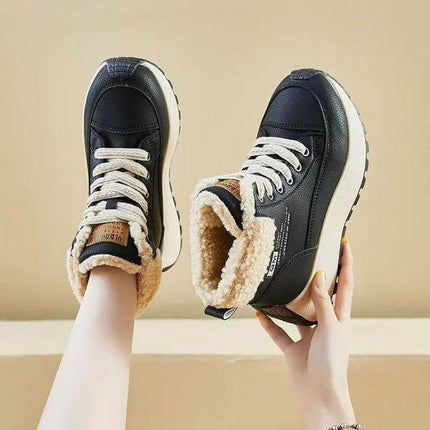 High Top Fleece Lined Dad Sneakers For Winter Casual Wear black fleece-lined high-top sneakers with faux leather trim and white laces