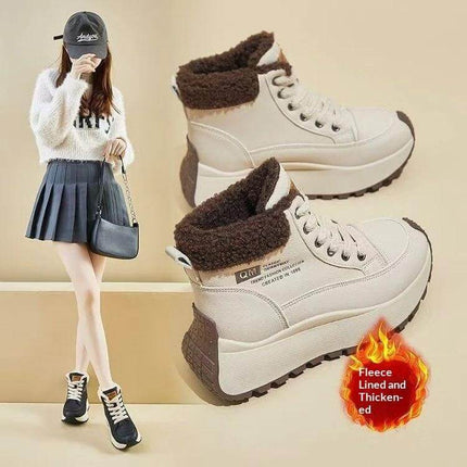 High Top Fleece Lined Dad Sneakers For Winter Casual Wear beige fleece-lined high-top sneakers with wedge sole and lace-up front