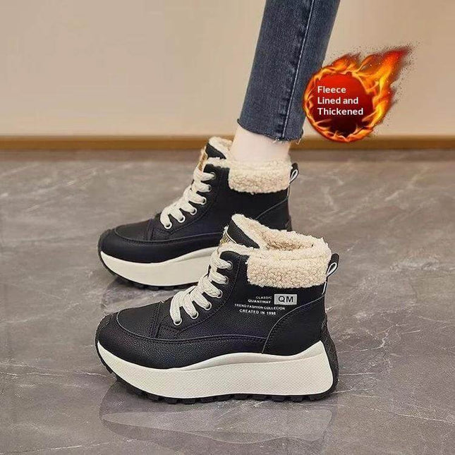 High Top Fleece Lined Dad Sneakers For Winter Casual Wear black high-top wedge fleece-lined sneakers with front laces and rubber outsole
