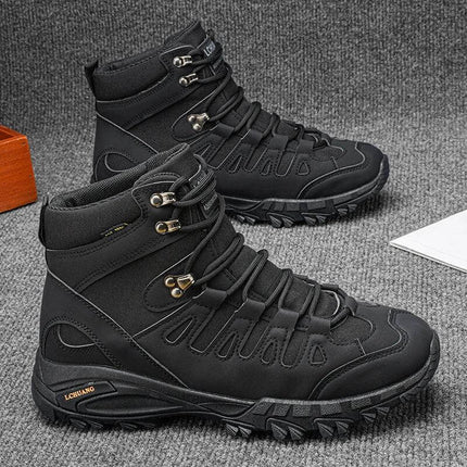 High Top Lace Up Boots For Fall And Winter Army Green - black high-top lace-up boots with round toe, square mid heel, durable sole, ankle support (men’s)