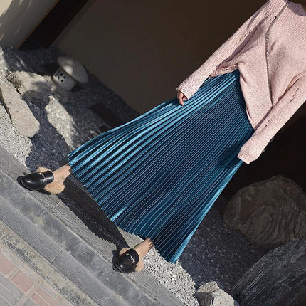 Pleated Satin Skirt, High Waist For Spring And Summer in teal glossy polyester satin with stitched pleats styled with knit top