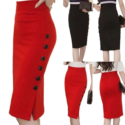 Hip Split Skirt For Everyday Wear Simple And Comfortable - red pencil skirt with side buttons and back slit, polyester, S–5XL