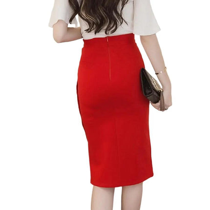 Hip Split Skirt For Everyday Wear Simple And Comfortable in red polyester pencil style, back view with side split, everyday versatile look
