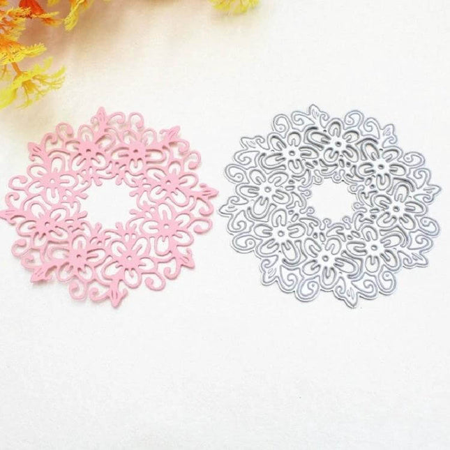 Hollow Garland Die Cut Stencil For Cards And Albums, 8.3x8.3 Cm Wreath - silver carbon steel wreath stencil with pink paper cutout for card making