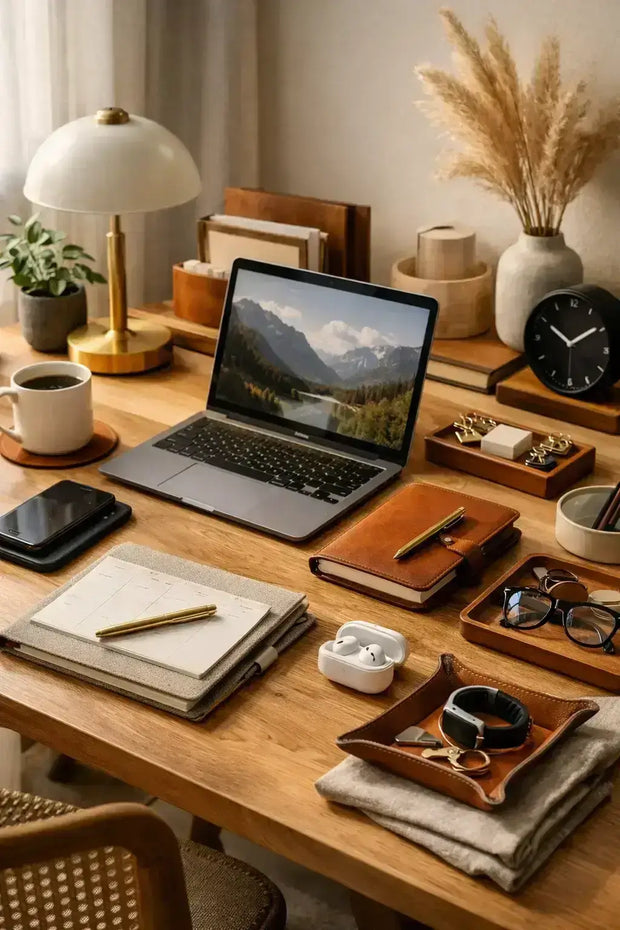 Organized wooden workspace with laptop showing mountain wallpaper, notebook, coffee, glasses, AirPods, watch, and decorative lamp