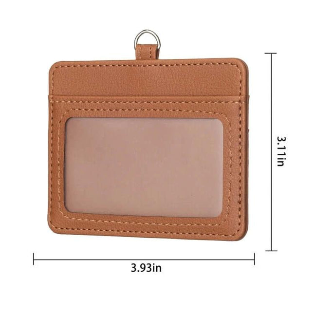 Horizontal ID Card Bag With Lanyard For Work Or School slim PU leather horizontal ID holder with clear window, multiple card slots, lightweight brown