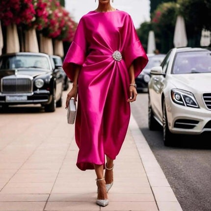 Satin Long High Waist Dress With Pearl Flower Accent in fuchsia satin with batwing sleeves and elegant drape for daytime or evening events