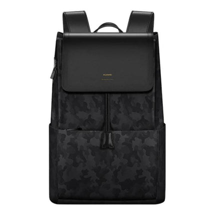 Huawei Style Laptop Backpack For Everyday Use Size L black camo nylon backpack with flap, microfiber leather top and 15.6" laptop compartment