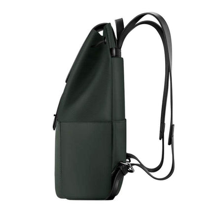 Huawei Style Laptop Backpack For Everyday Use Size L side profile in dark green showing slim design, microfiber leather, and adjustable straps