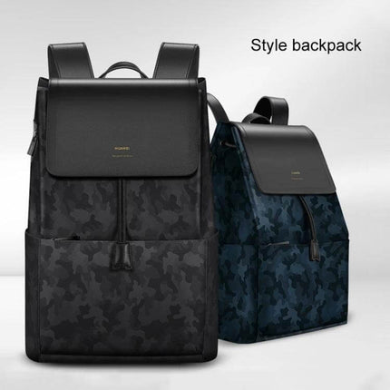 Huawei Style Laptop Backpack For Everyday Use Size L black camo backpack with flap, microfiber leather, 15.6" laptop compartment