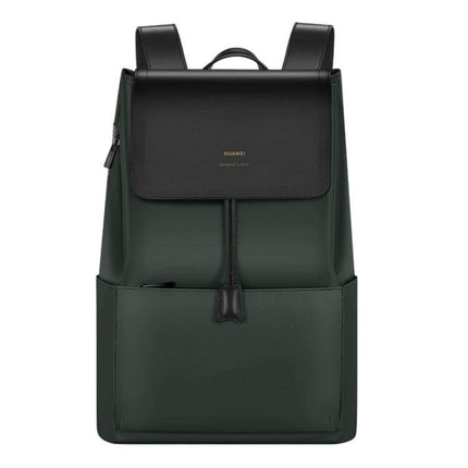 Huawei Style Laptop Backpack For Everyday Use Size L - dark green leather-trimmed backpack with 15.6" laptop compartment and front pockets