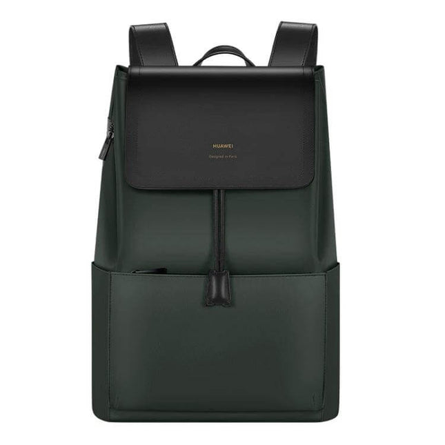 Huawei Style Laptop Backpack For Everyday Use Size L - dark green leather-trimmed backpack with 15.6" laptop compartment and front pockets