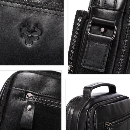 HUMERPAUL Men's Leather Messenger Shoulder Bag Everyday Use close-up leather texture, zippers, strap buckle and top handle