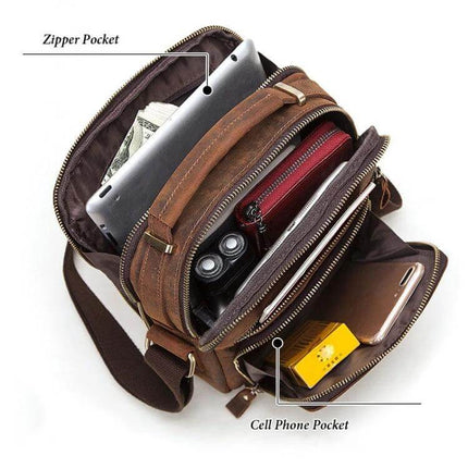 HUMERPAUL Men's Leather Messenger Shoulder Bag Everyday Use showing organized zipped compartments with tablet, phone, wallet and accessories