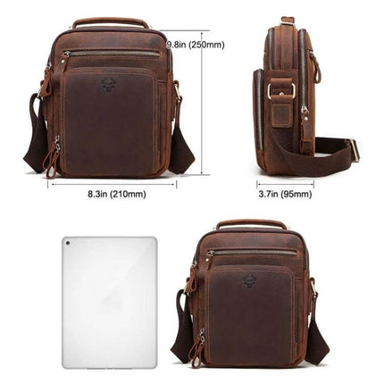 HUMERPAUL Men's Leather Messenger Shoulder Bag Everyday Use - brown full-grain leather slim crossbody bag with pockets for tablet and phone