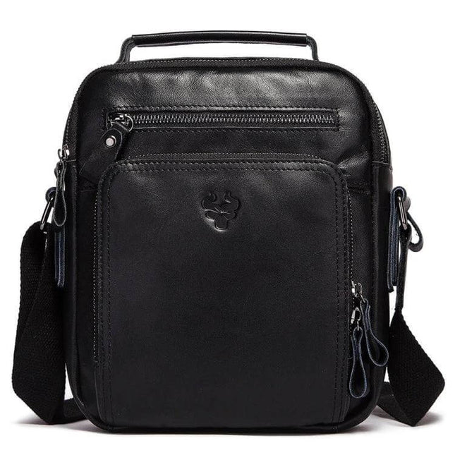 HUMERPAUL Men's Leather Messenger Shoulder Bag Everyday Use - black full-grain leather slim crossbody with front pockets and zipper