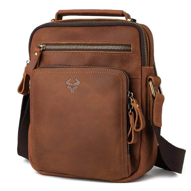 HUMERPAUL Men's Leather Messenger Shoulder Bag Everyday Use brown full-grain leather slim profile with front pockets