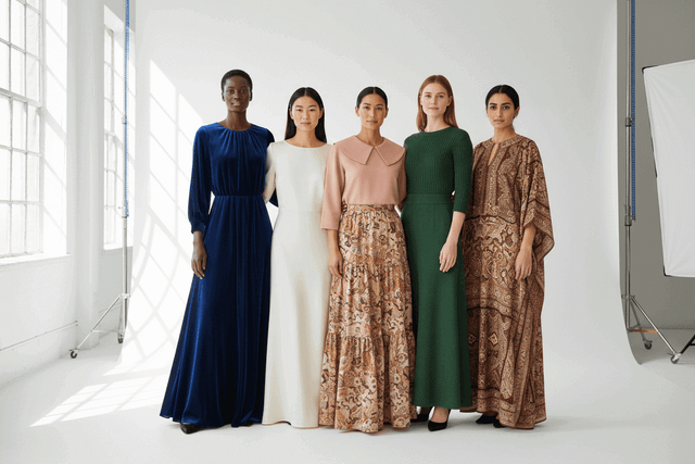 Diverse group of five women in elegant long dresses and patterned gowns posing in a bright studio for a fashion photoshoot