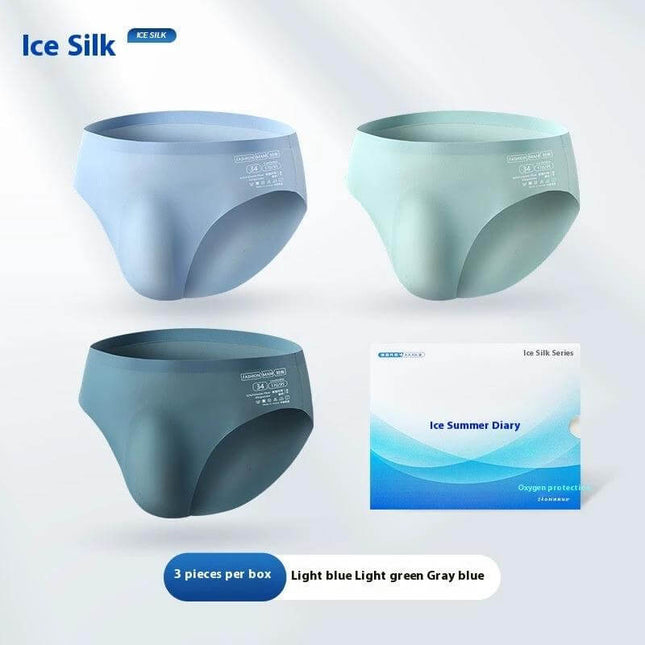 Ice Silk Men's Underwear Summer Seamless Briefs Assorted Colors – breathable seamless summer briefs in light blue, light green and gray blue, sizes XL–4XL