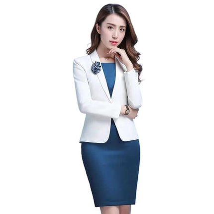 Indigo Dress Set With White Long Sleeve Suit For Business - tailored indigo dress with white long-sleeve jacket and boutonniere for professional meetings