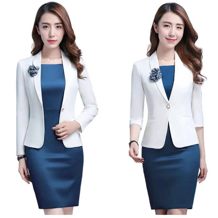 Indigo Dress Set With White Long Sleeve Suit For Business tailored indigo dress with white jacket and boutonniere, professional office outfit