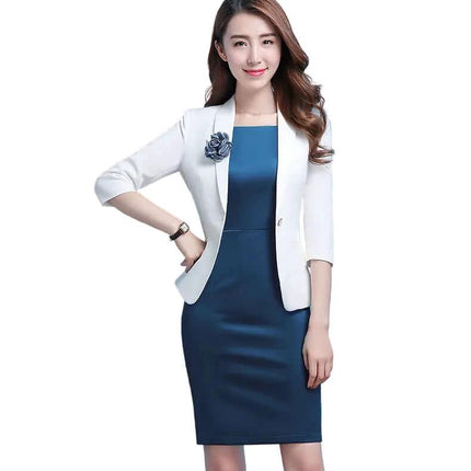 Indigo Dress Set With White Long Sleeve Suit For Business – tailored indigo dress with white long-sleeve jacket and boutonniere for office meetings