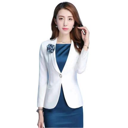 Indigo Dress Set With White Long Sleeve Suit For Business - tailored indigo dress with crisp white long-sleeve jacket and boutonniere