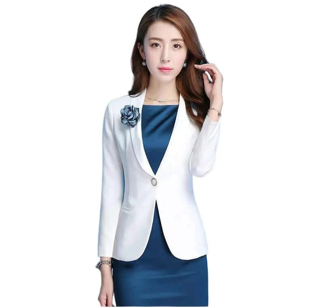 Indigo Dress Set With White Long Sleeve Suit For Business - tailored indigo dress with crisp white long-sleeve jacket and boutonniere