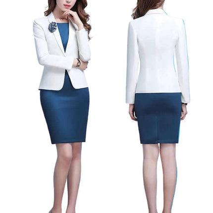 Indigo Dress Set With White Long Sleeve Suit For Business model front and back view showing indigo dress, white long-sleeve jacket and boutonniere