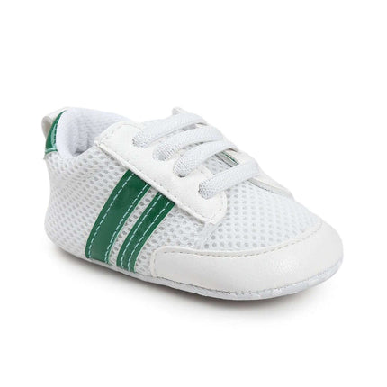 Infant Soft Moccasin Shoes Non Slip Newborn First Walkers - white breathable mesh baby shoe with green stripes for first steps, non-slip flexible sole